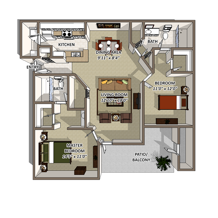 Floor plan for 2 beds, 2 baths, 1069 sqft